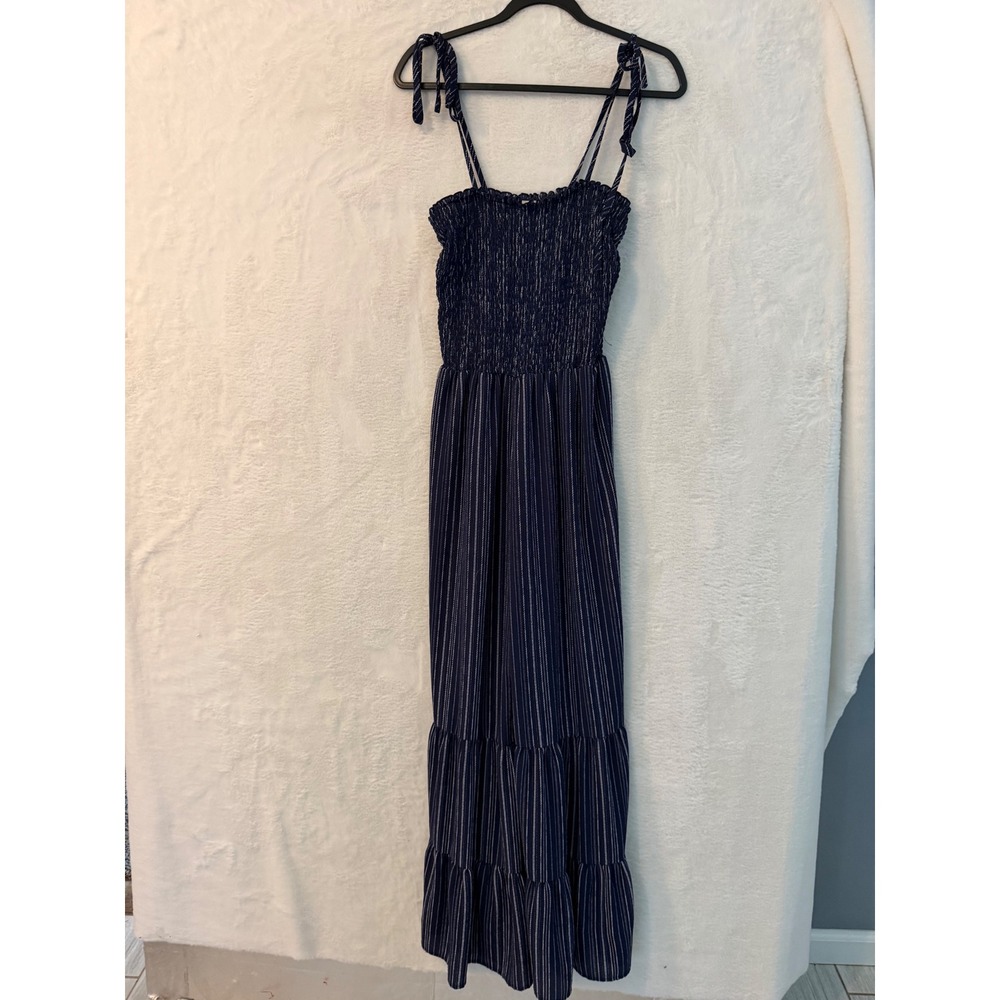 Bailey Blue Navy White Striped Smocked Wide Leg Jumpsuit Tie Shoulder Large